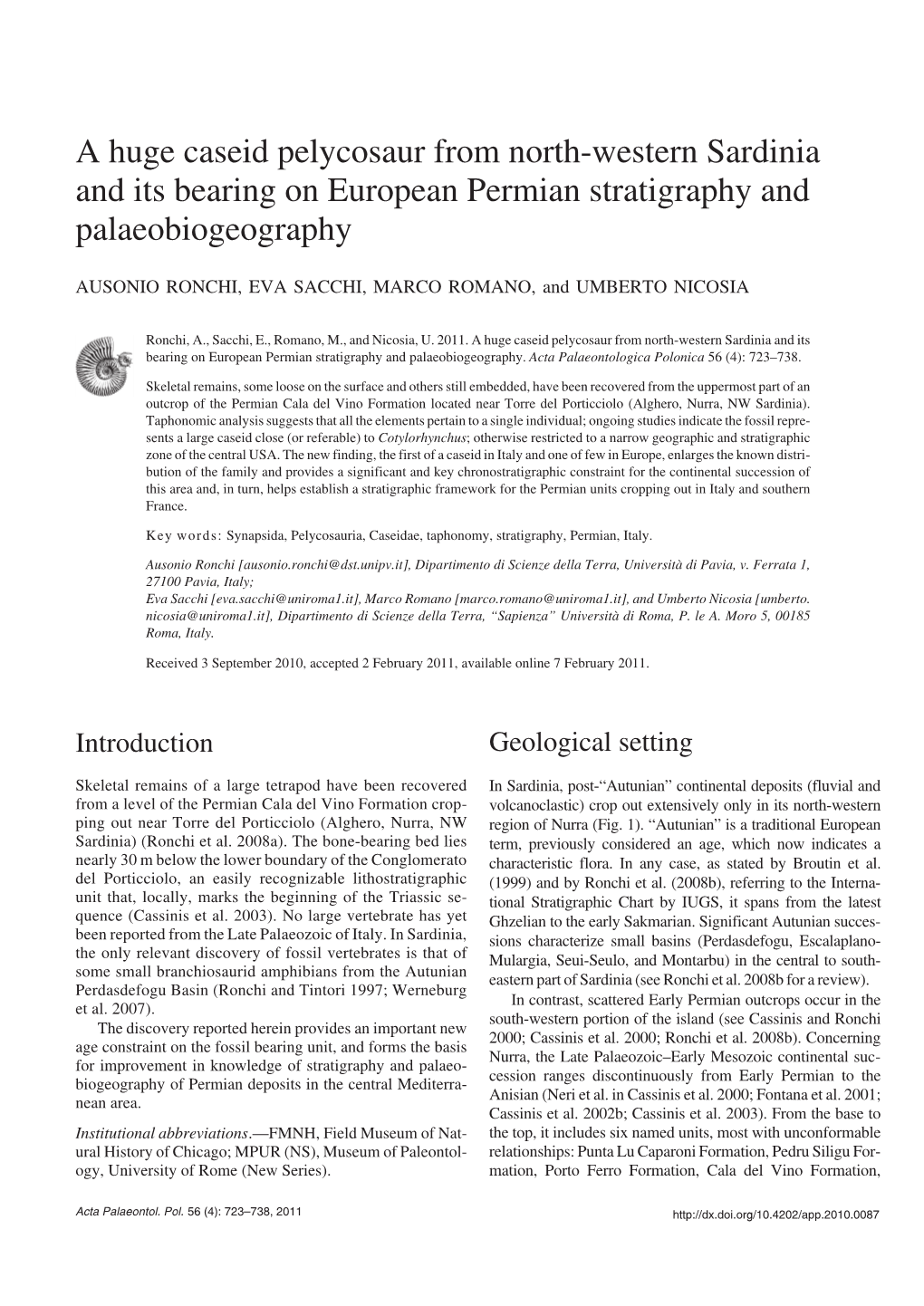 A Huge Caseid Pelycosaur from North−Western Sardinia and Its Bearing on European Permian Stratigraphy and Palaeobiogeography