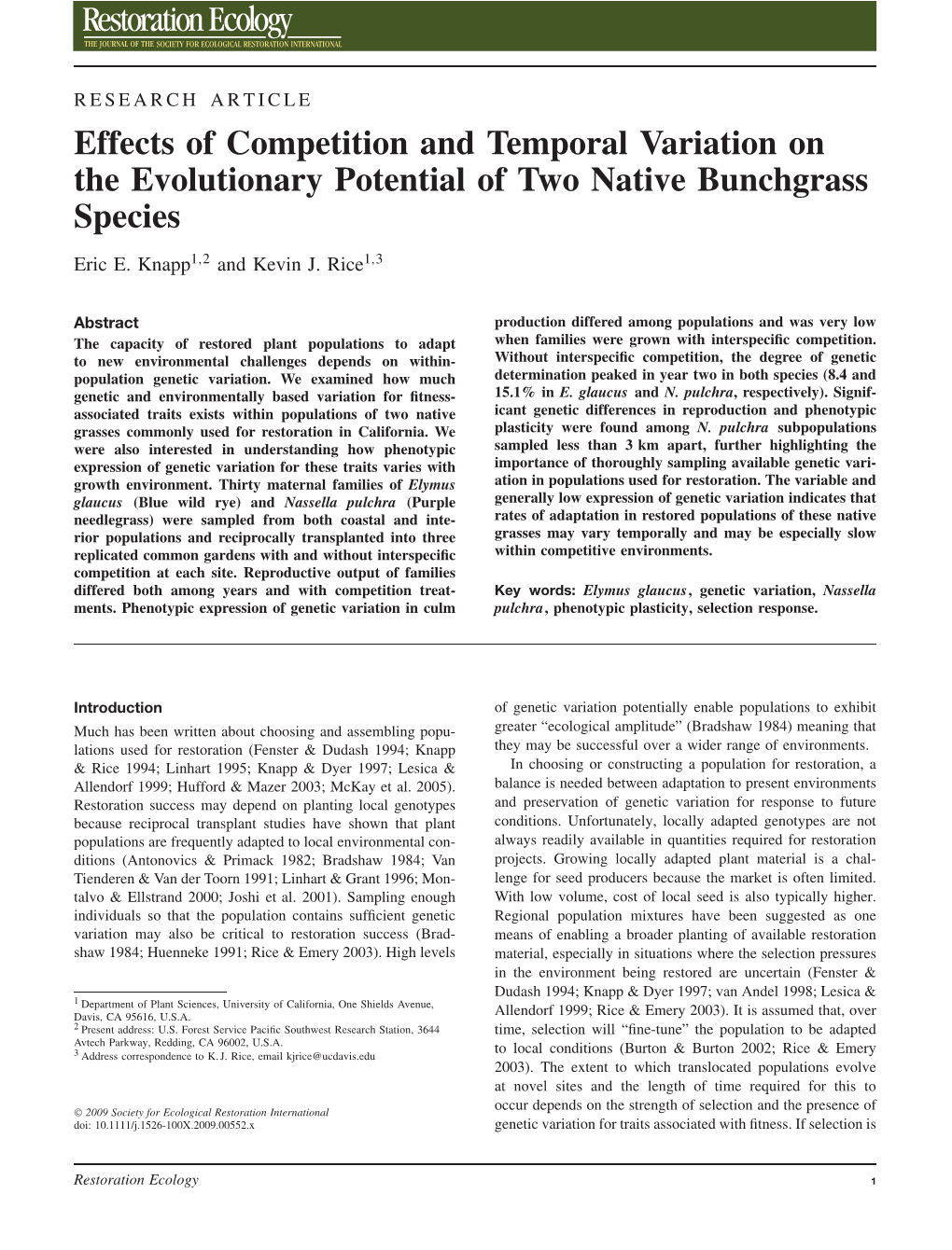 Effects of Competition and Temporal Variation on the Evolutionary Potential of Two Native Bunchgrass Species