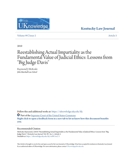 Reestablishing Actual Impartiality As the Fundamental Value of Judicial Ethics: Lessons from "Big Judge Davis" Raymond J