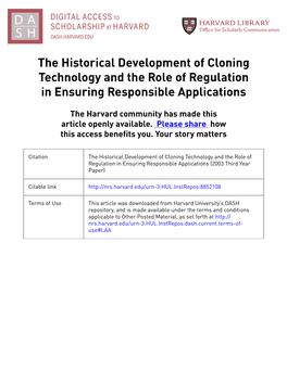 The Historical Development of Cloning Technology and the Role of Regulation in Ensuring Responsible Applications