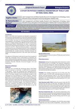 A Study on Physico-Chemical Parameters of Thally Lake of Tamil Nadu, India