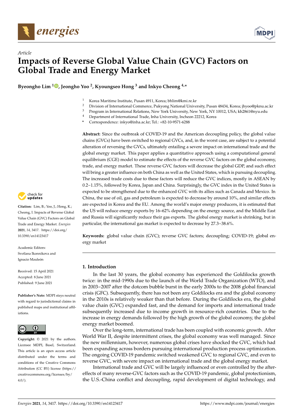 Impacts of Reverse Global Value Chain (GVC) Factors on Global Trade and Energy Market