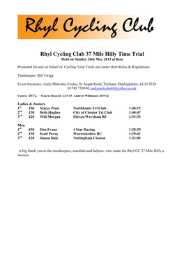 Rhyl Cycling Club 37 Mile Hilly Time Trial Held on Sunday 26Th May 2013 at 8Am