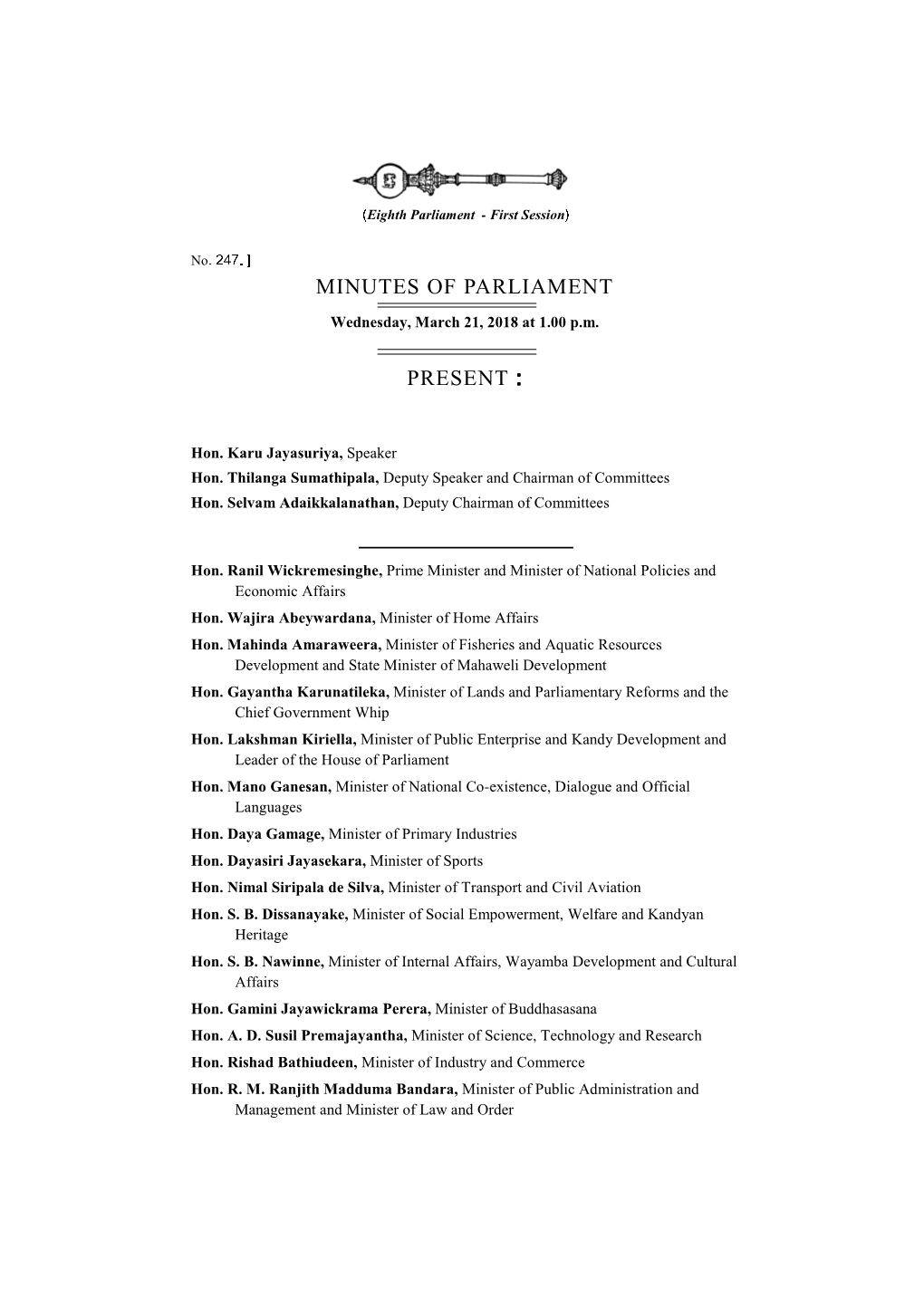 Minutes of Parliament Present