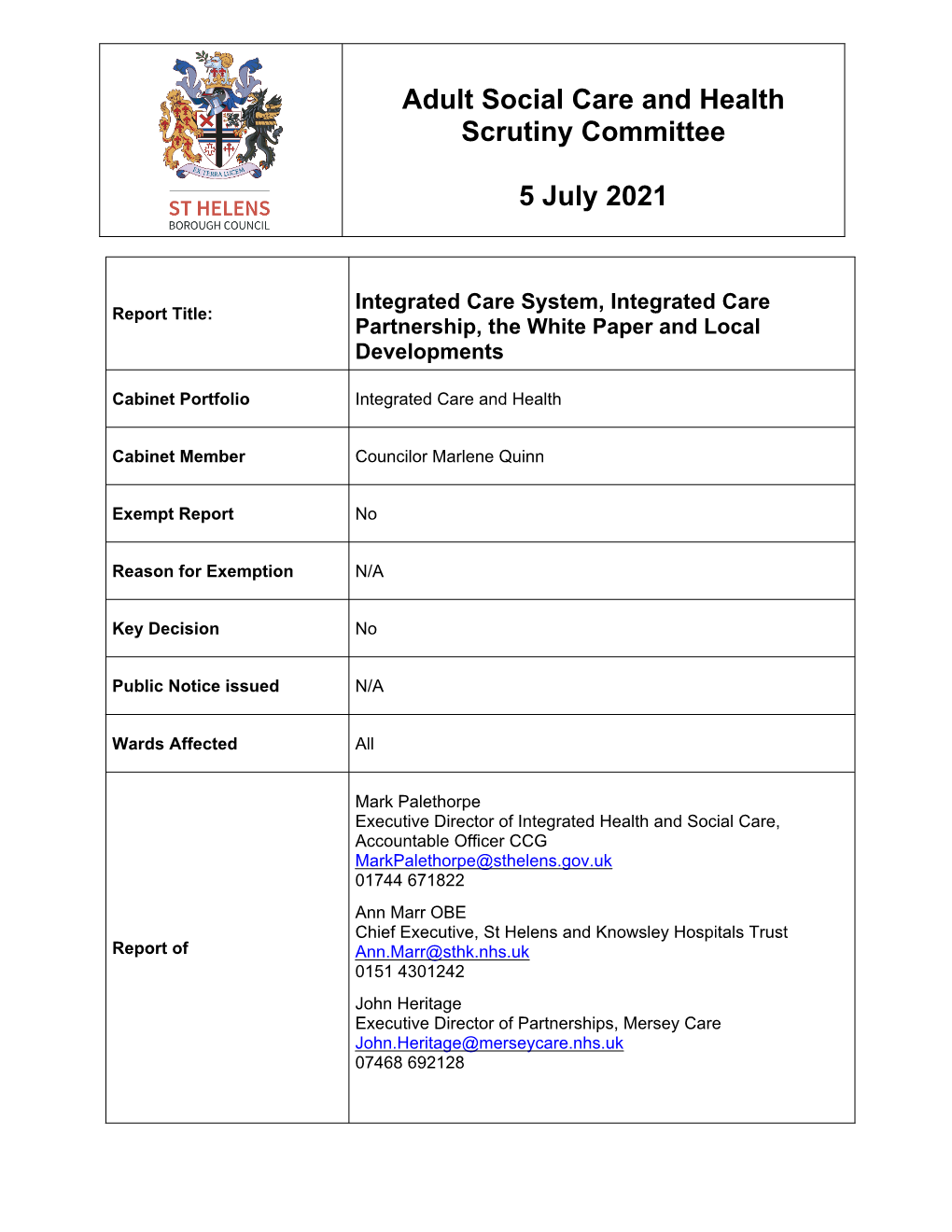 Adult Social Care and Health Scrutiny Committee 5 July 2021
