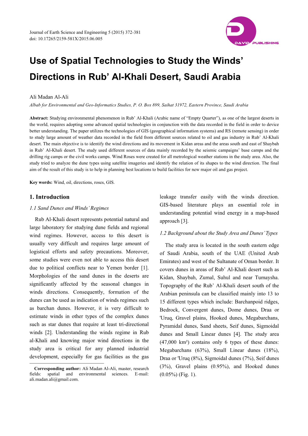 Use of Spatial Technologies to Study the Winds' Directions in Rub' Al