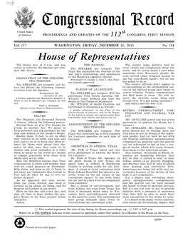 Congressional Record United States Th of America PROCEEDINGS and DEBATES of the 112 CONGRESS, FIRST SESSION