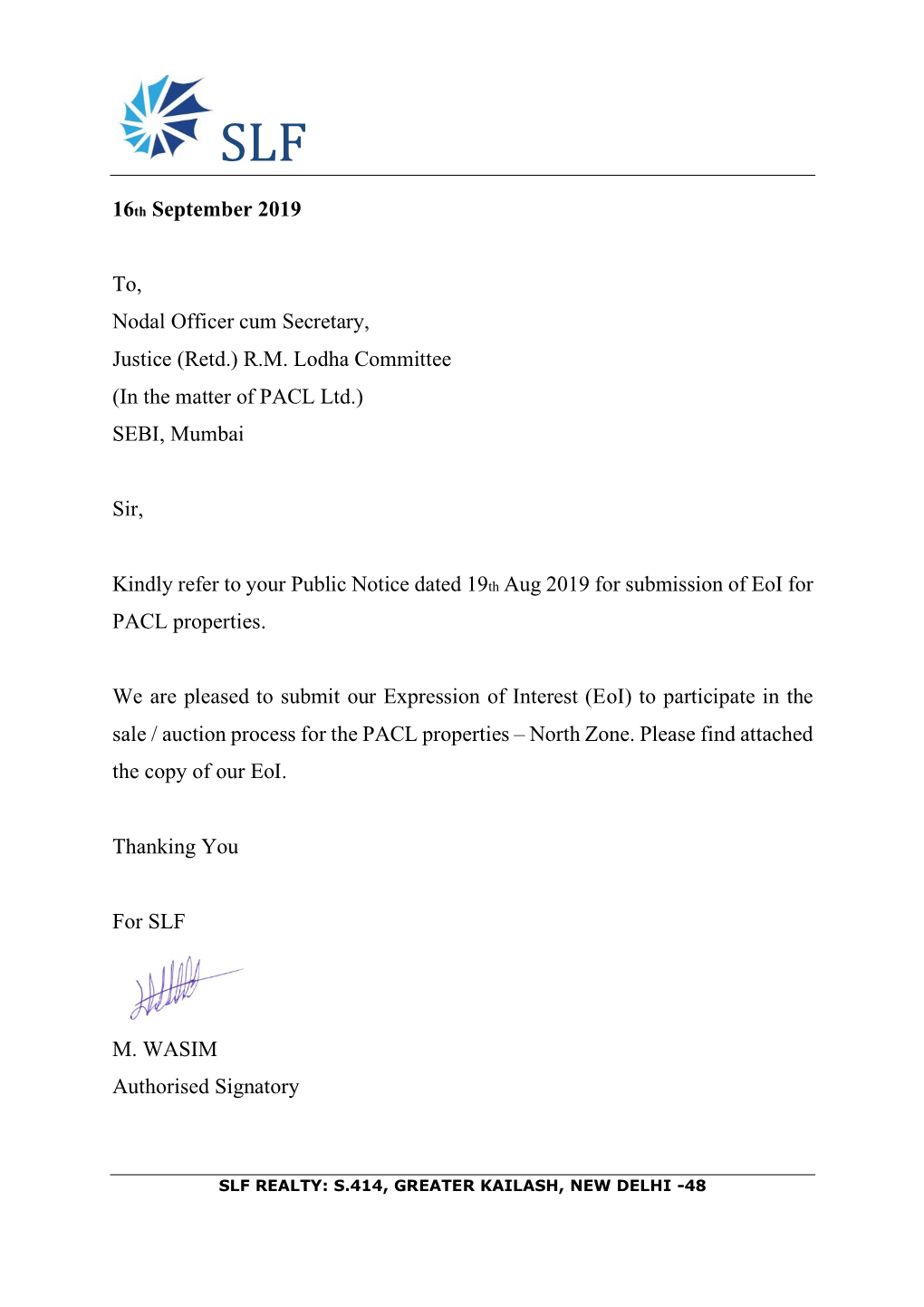 16Th September 2019 To, Nodal Officer Cum Secretary, Justice (Retd.) R.M. Lodha Committee (In the Matter of PACL Ltd.) SEBI