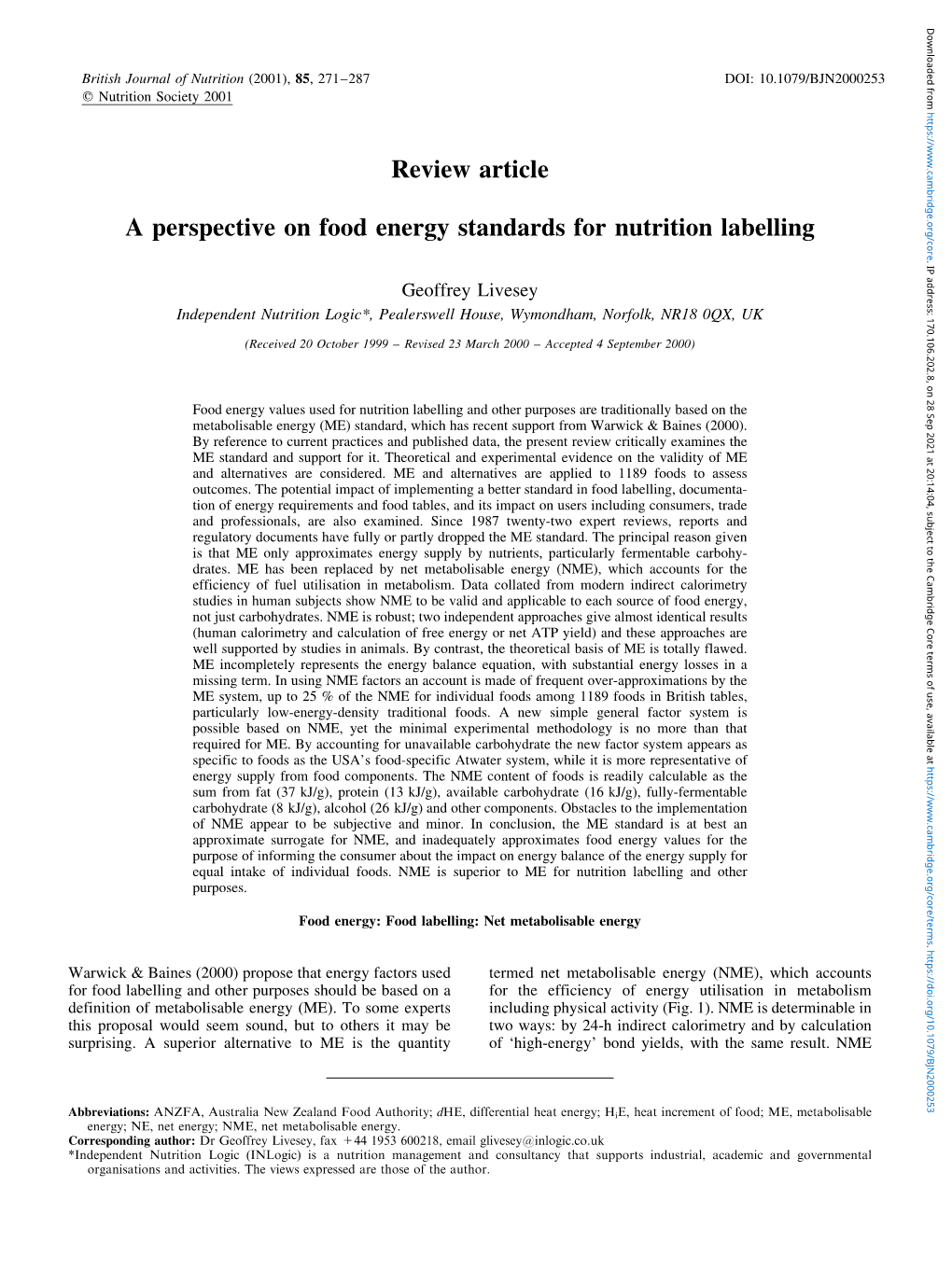 A Perspective on Food Energy Standards for Nutrition Labelling