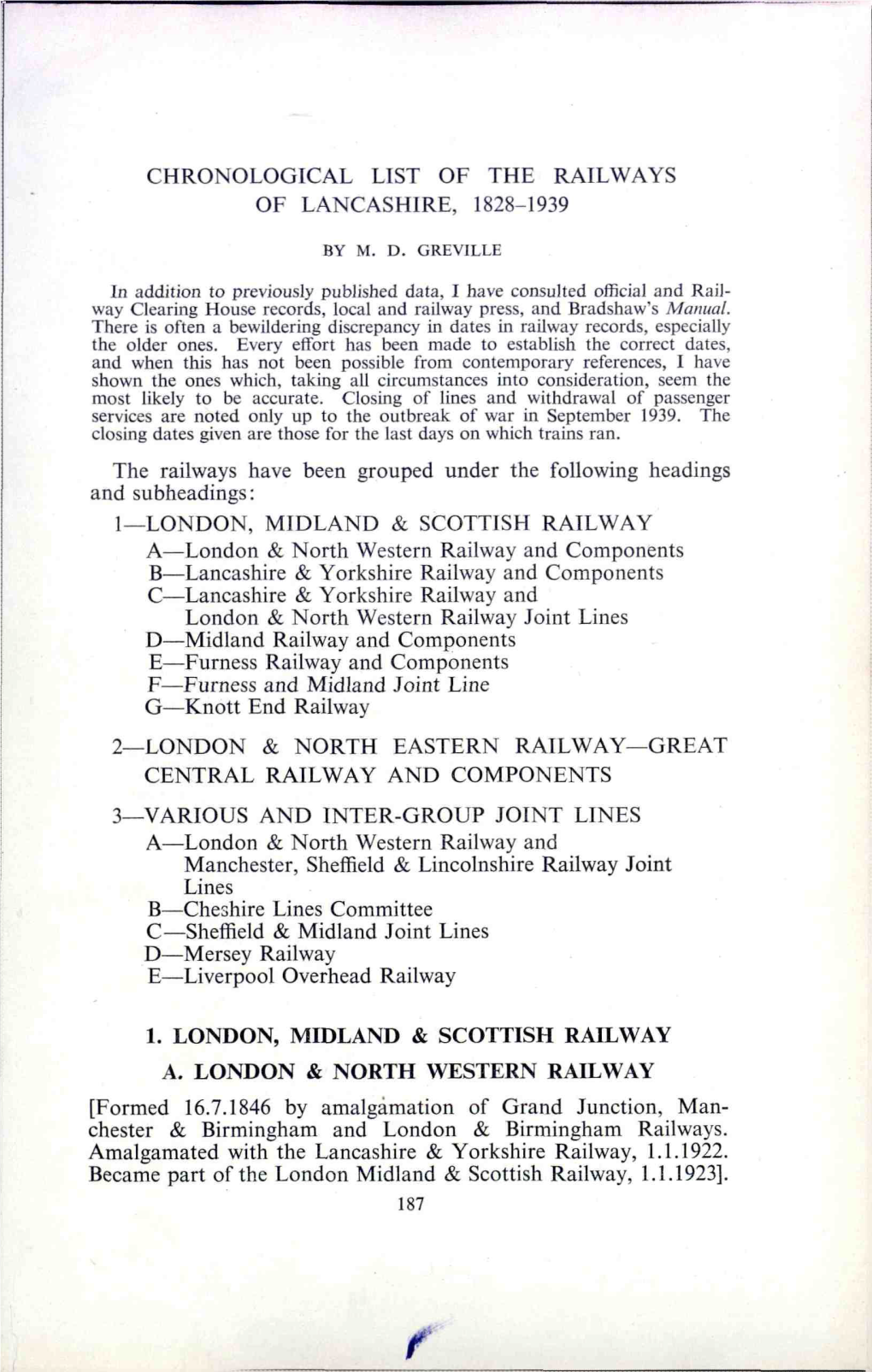 Chronological List of the Railways of Lancashire, 1828-1939