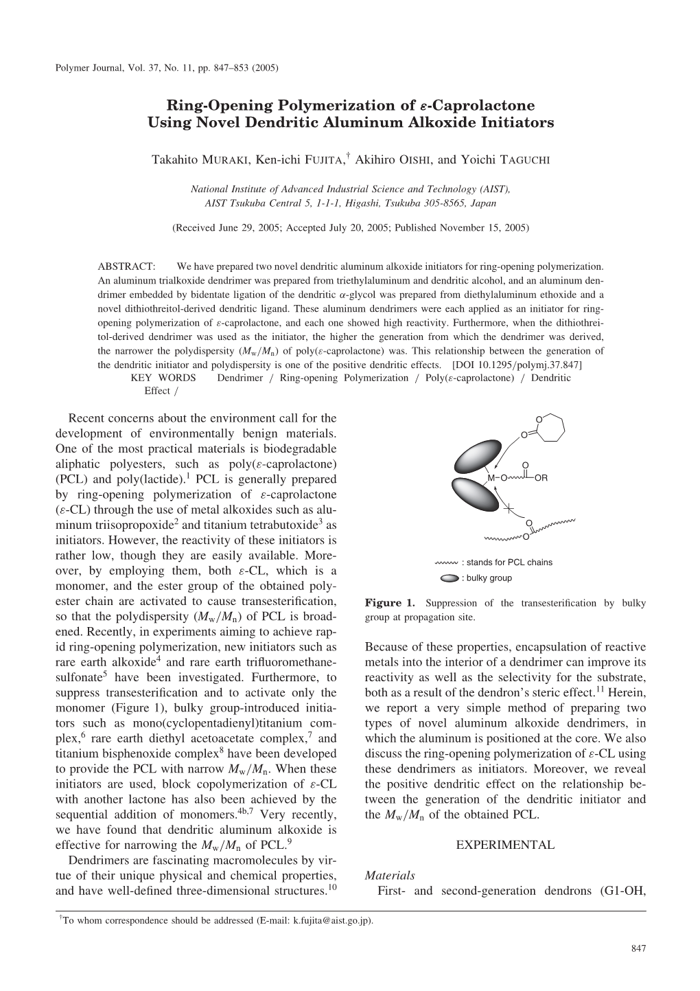 Ring-Opening Polymerization of \Varepsilon-Caprolactone Using Novel Dendritic Aluminum Alkoxide Initiators