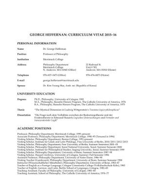 George Heffernan: Curriculum Vitae 2015–16