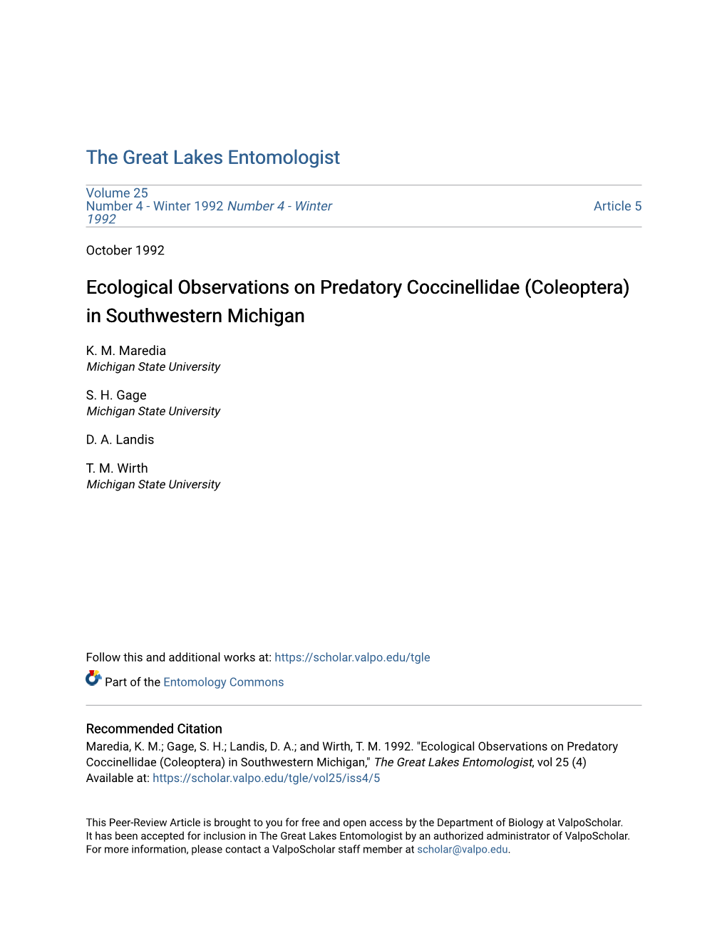 Ecological Observations on Predatory Coccinellidae (Coleoptera) in Southwestern Michigan
