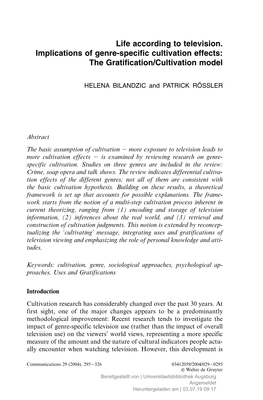 Life According to Television. Implications of Genre-Specific Cultivation Effects: the Gratification/Cultivation Model