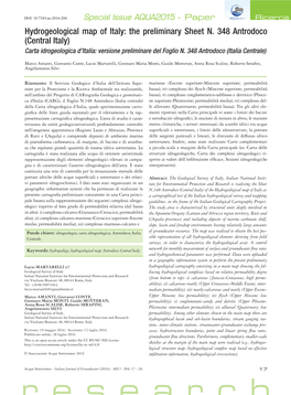 Hydrogeological Map of Italy: the Preliminary Sheet N. 348 Antrodoco (Central Italy) Carta Idrogeologica D’Italia: Versione Preliminare Del Foglio N