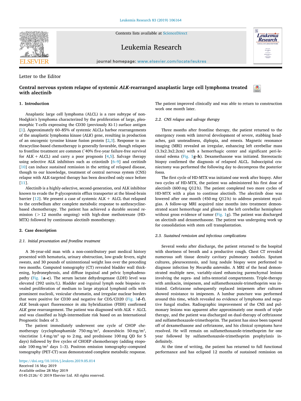 Central Nervous System Relapse of Systemic ALK-Rearranged Anaplastic Large Cell Lymphoma Treated T with Alectinib