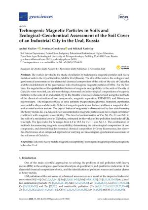 Technogenic Magnetic Particles in Soils and Ecological–Geochemical Assessment of the Soil Cover of an Industrial City in the Ural, Russia