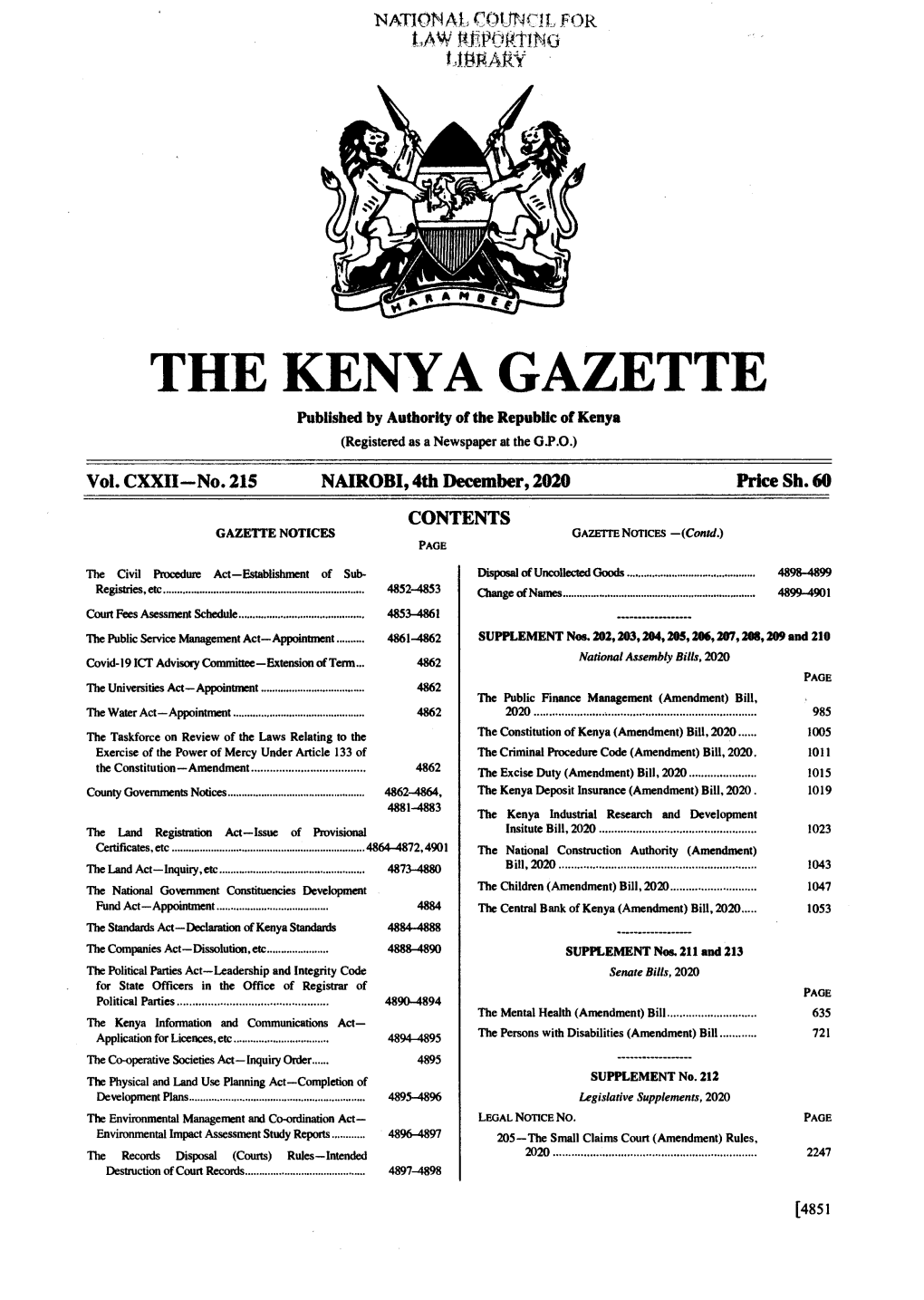 THE KENYA GAZETTE Published by Authority of the Republic of Kenya (Registered As a Newspaper at the G.P.O.) � Vol