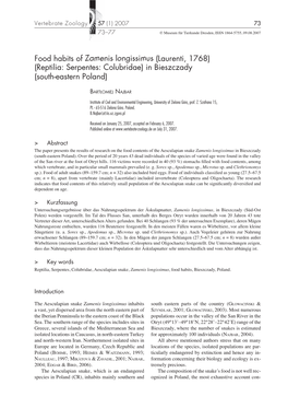 Food Habits of Zamenis Longissimus (Laurenti, 1768) (Reptilia: Serpentes: Colubridae) in Bieszczady (South-Eastern Poland)