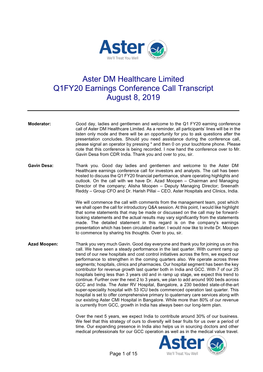 Aster DM Healthcare Limited Q1FY20 Earnings Conference Call Transcript August 8, 2019