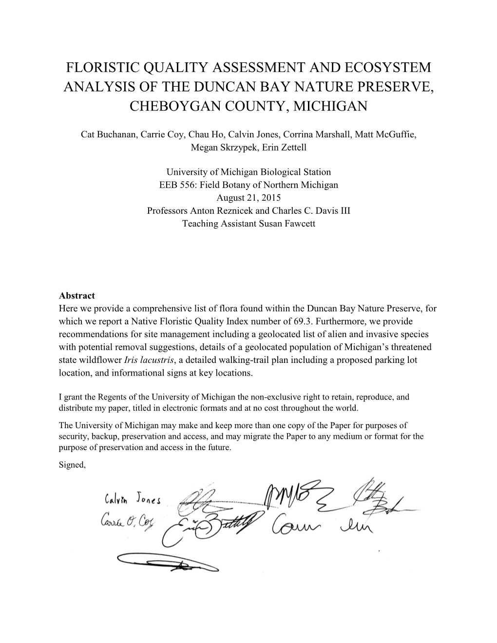 Floristic Quality Assessment and Ecosystem Analysis of the Duncan Bay Nature Preserve, Cheboygan County, Michigan