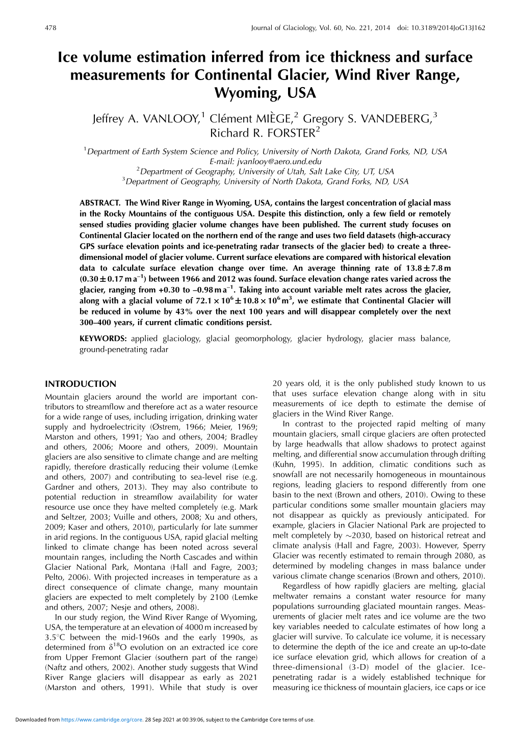 Ice Volume Estimation Inferred from Ice Thickness and Surface Measurements for Continental Glacier, Wind River Range, Wyoming, USA