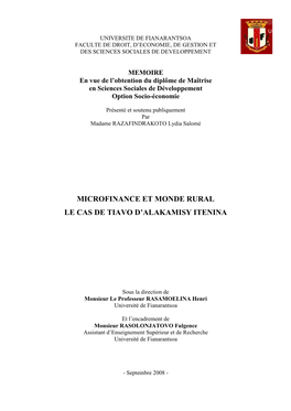 Microfinance Et Monde Rural Le Cas De Tiavo D'alakamisy Itenina