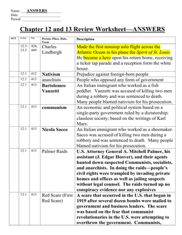 Chapter 12 and 13 Review Worksheet—ANSWERS