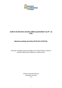 Archives Du Directoire Exécutif. "Affaires Particulières" (An IV - an VIII)