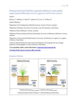 Pruning Stormwater Biofilter Vegetation Influences Water Quality Improvement Differently in Carex Appressa and Ficinia Nodosa