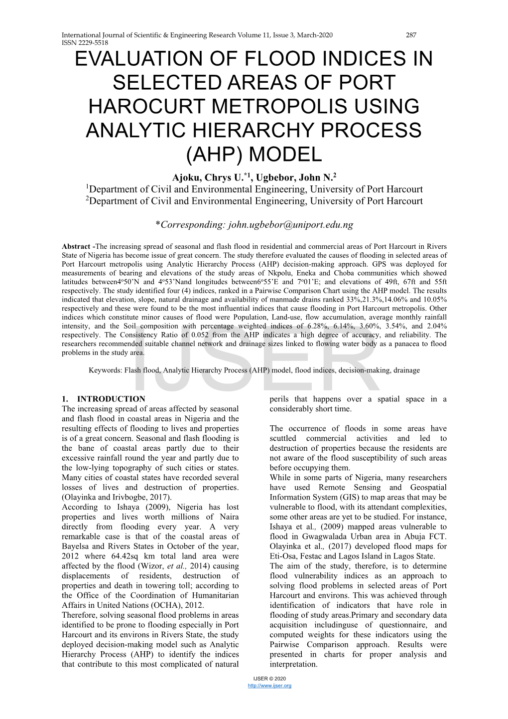 Evaluation of Flood Indices in Selected Areas of Port