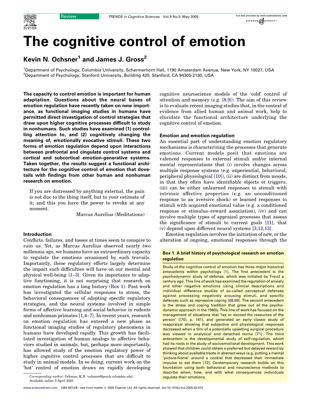 The Cognitive Control of Emotion