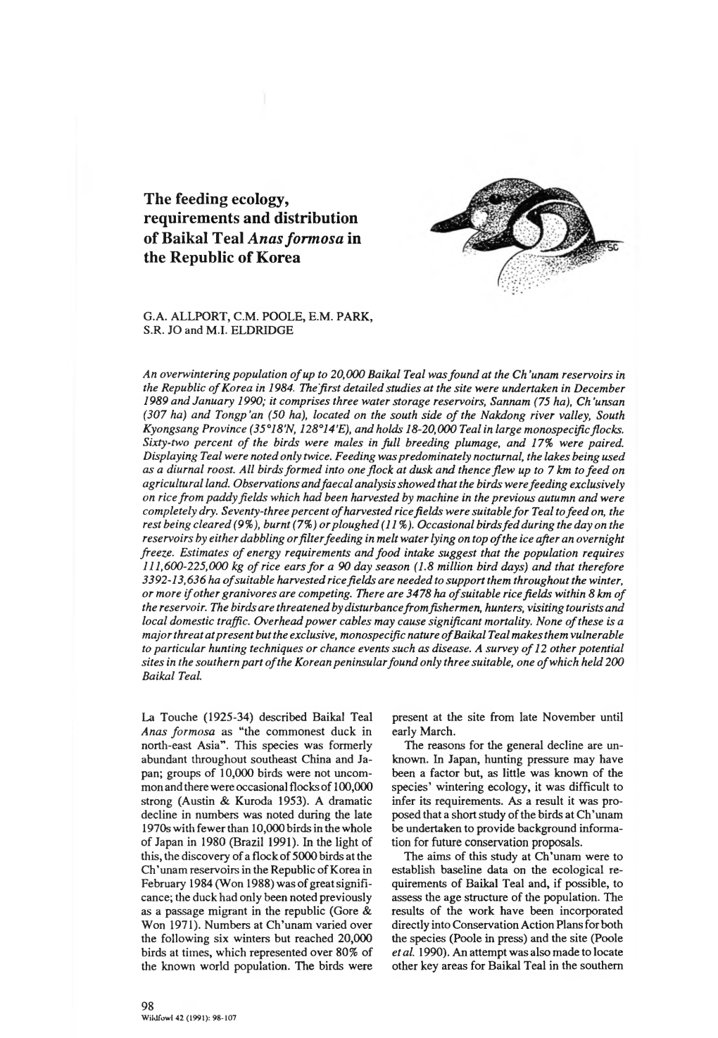 The Feeding Ecology, Requirements and Distribution of Baikal Teal Anas Formosa in the Republic of Korea