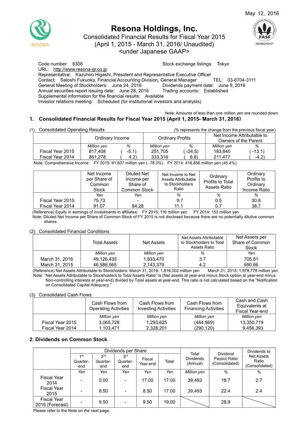 Consolidated Financial Results for FY2015