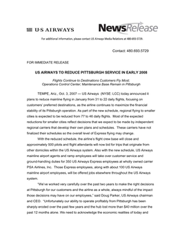 480.693.5729 Us Airways to Reduce Pittsburgh Service in Early 2008