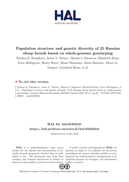 Population Structure and Genetic Diversity of 25 Russian Sheep Breeds Based on Whole-Genome Genotyping Tatiana E