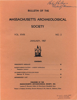 Bulletin of the Massachusetts Archaeological Society, Vol. 18, No. 2. January 1957