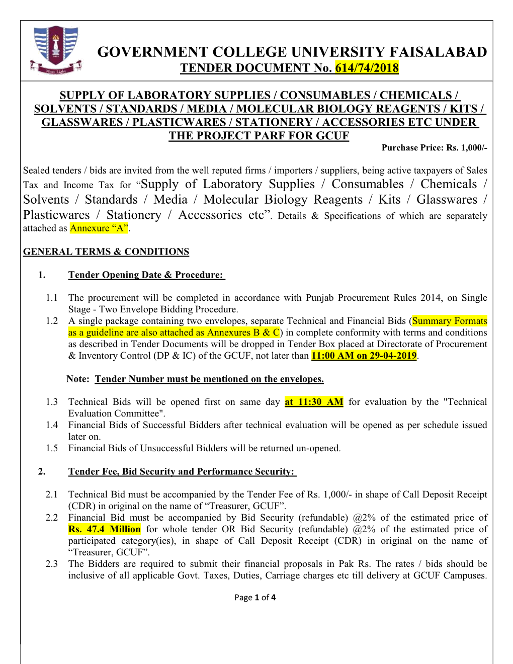 GOVERNMENT COLLEGE UNIVERSITY FAISALABAD TENDER DOCUMENT No