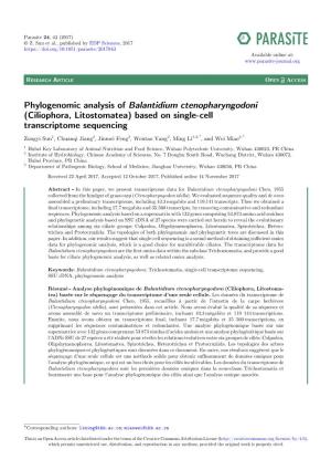 Phylogenomic Analysis of Balantidium Ctenopharyngodoni (Ciliophora, Litostomatea) Based on Single-Cell Transcriptome Sequencing