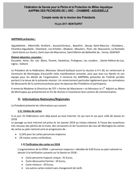 1) Informations Nationales/Régionales Fédération De Savoie Pour La Pêche Et La Protection Du Milieu Aquatique AAPPMA DES