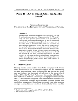Psalm 16 (LXX Ps 15) and Acts of the Apostles Part