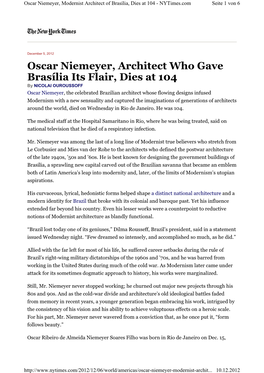 Oscar Niemeyer, Architect Who Gave Brasília Its Flair, Dies At
