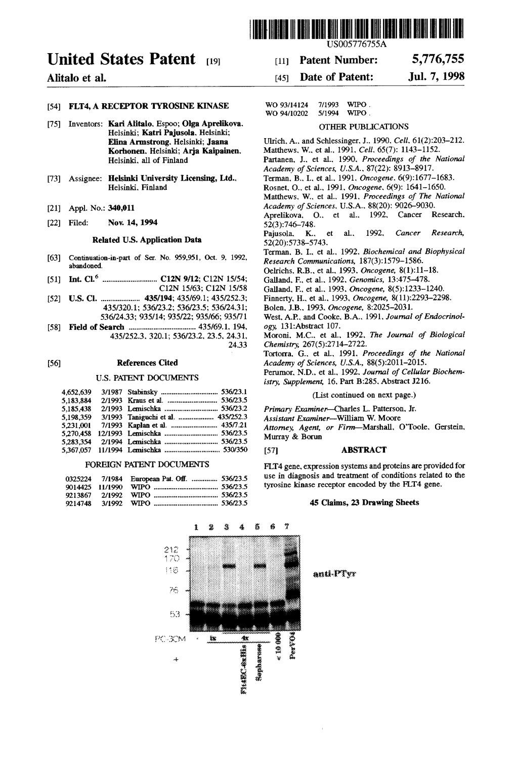 United States Patent [191 [11] Patent Number: 5,776,755 Alitalo Et Al