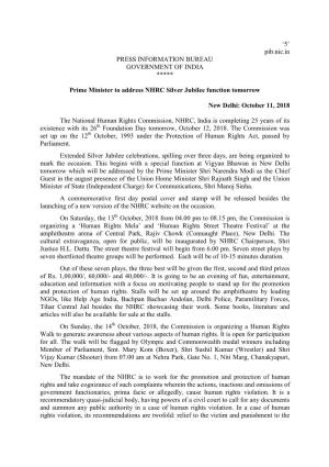 '5' Pib.Nic.In PRESS INFORMATION BUREAU GOVERNMENT of INDIA ***** Prime Minister to Address NHRC Silver Jubilee Function