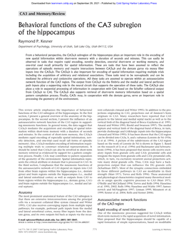 Behavioral Functions of the CA3 Subregion of the Hippocampus Raymond P