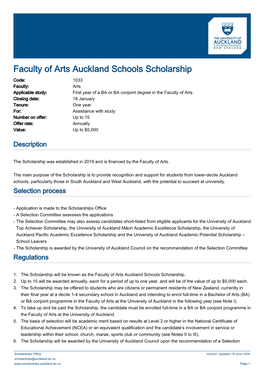 Faculty of Arts Auckland Schools Scholarship
