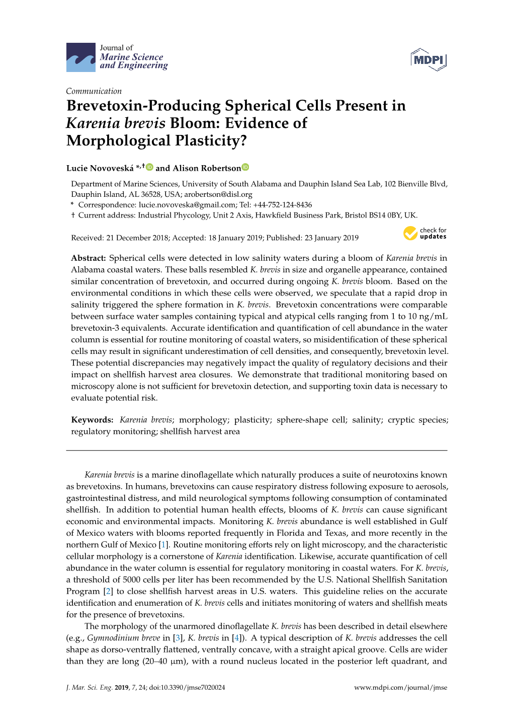 Brevetoxin-Producing Spherical Cells Present in Karenia Brevis Bloom: Evidence of Morphological Plasticity?