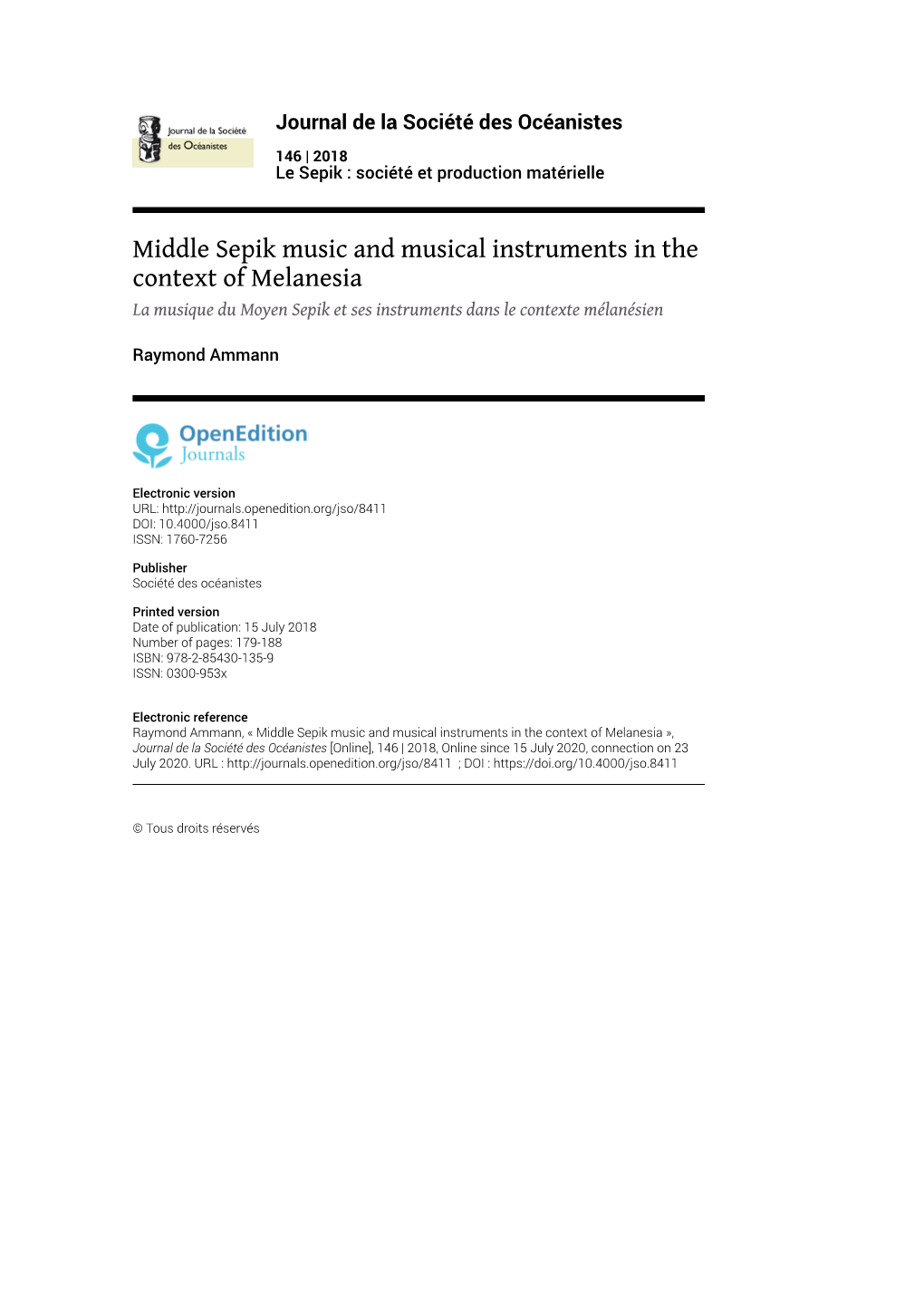 Middle Sepik Music and Musical Instruments in the Context of Melanesia La Musique Du Moyen Sepik Et Ses Instruments Dans Le Contexte Mélanésien