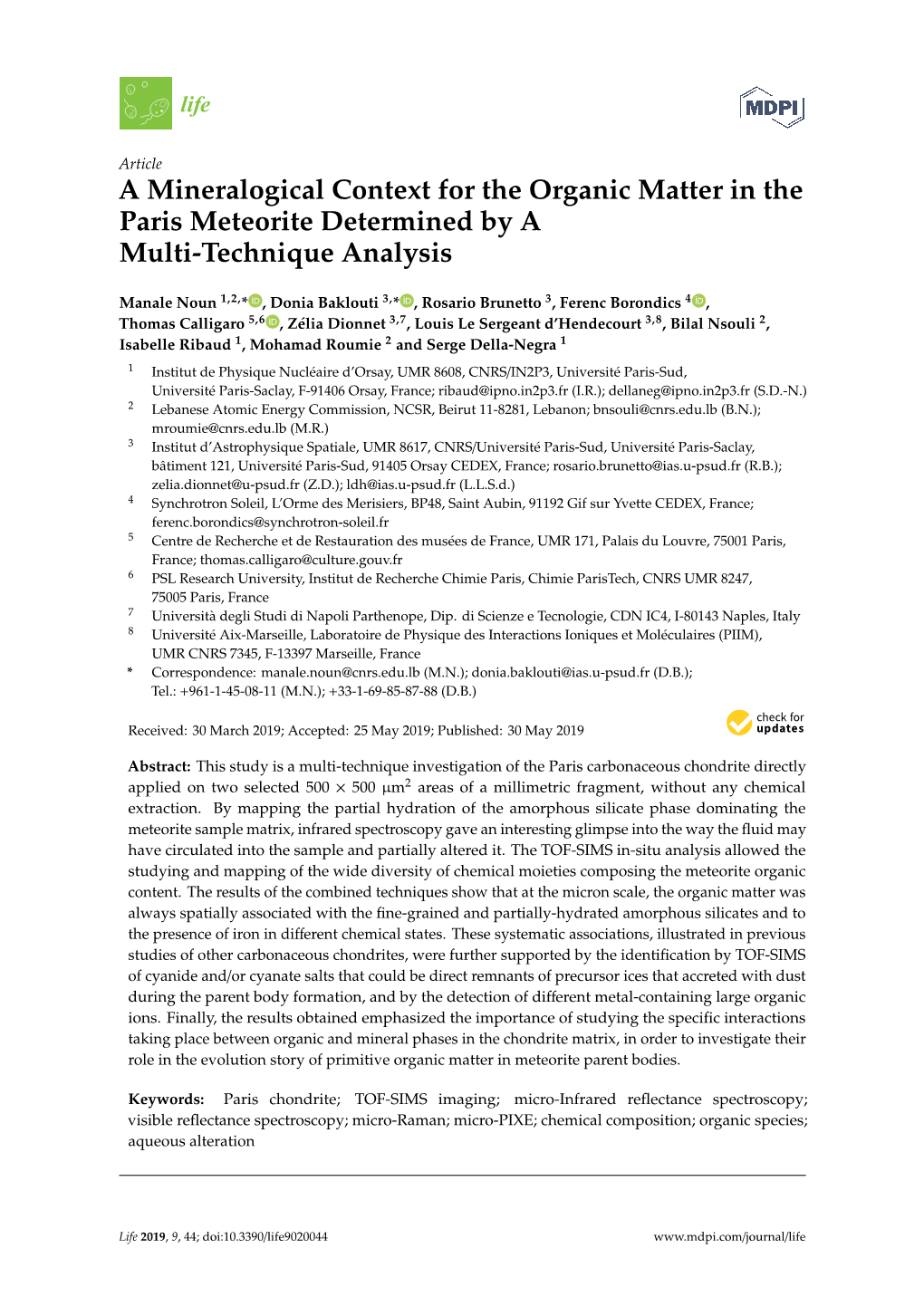 A Mineralogical Context for the Organic Matter in the Paris Meteorite Determined by a Multi-Technique Analysis