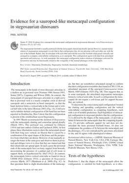 Evidence for a Sauropod−Like Metacarpal Configuration in Stegosaurian Dinosaurs